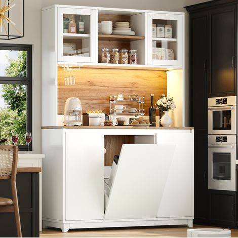 Armario alto de cocina blanco 120x40x180 cm, MDF y metal, puertas acrílicas, LED, botellero y compartimento para basura