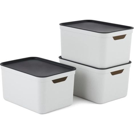 Boîtes de rangement empilables - Plastique recyclé - Blanc/Anthracite - Lot de 3 - 36,1 x 26,4 x 20,2 cm (1/4)