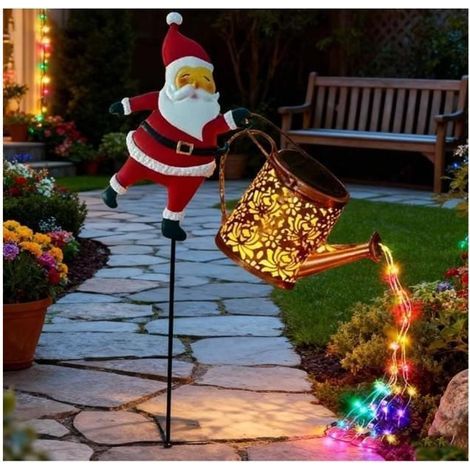 Solar Lantern Santa for Christmas, LED Outdoor Garden Decor in Kettle Shape, Solar Watering Can, Light Decoration