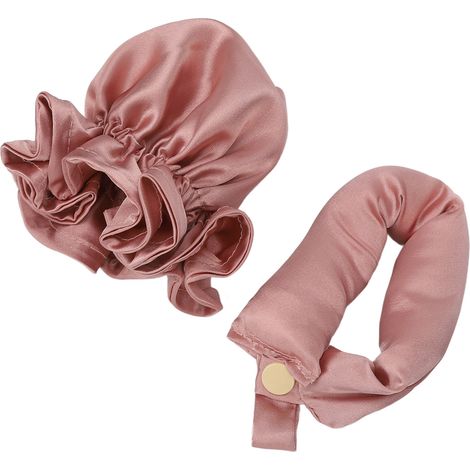 Bandeau bouclé sans chaleur pour femme, portable, en satin rose poudré, pour garder les boucles pendant la nuit. (1/5)