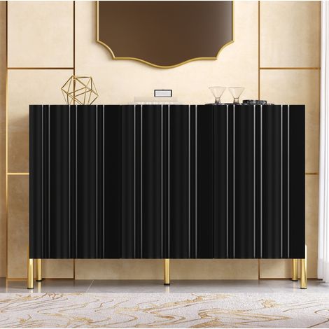 Buffet 120x35,5x80 cm a 3 ante, frontale scanalato senza maniglia, ripiani regolabili, piedi in metallo dorato - nero (1/5)