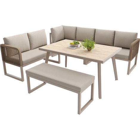 8-Sitzer Gartenmöbel aus Metall, PE-Rattan und wasserdichtem Stoff mit Tisch, 2 Sofas, Bank und dicken Kissen, Beige (1/5)