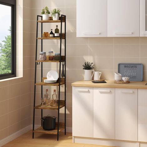 WOLTU Libreria a 6 Ripiani. Scaffale con 4 Ganci Industriale. Scaffale a Scala in MDF e Metallo per Soggiorno. Cucina. Studio. Ufficio.Nero.41x36x187cm (1/5)