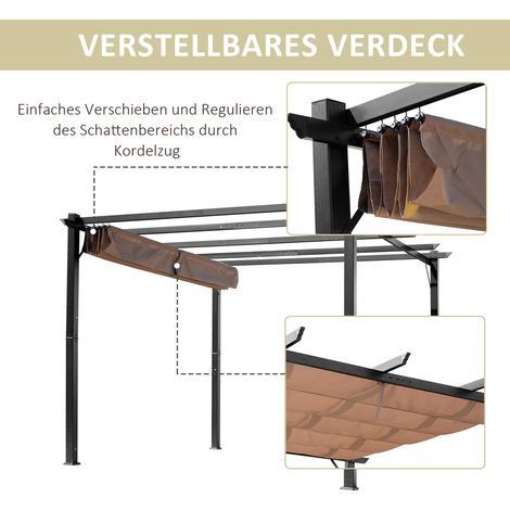 Pergola ajustable 3x4m avec toit en toile, store de terrasse en aluminium gris et marron, brise-soleil extérieur. (1/4)
