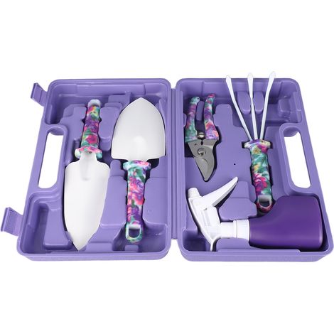 Ensemble d'outils de jardinage 5 pièces avec étui de transport, comprenant une motobineuse, un râteau, une pelle, un sécateur et un arroseur. (1/5)