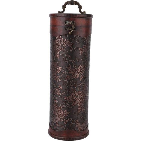 Boîte de rangement de vin, boîte-cadeau de vin en bois rétro Portable Vintage rond en bois boîte de rangement de vin rouge unique avec poignée (1/5)