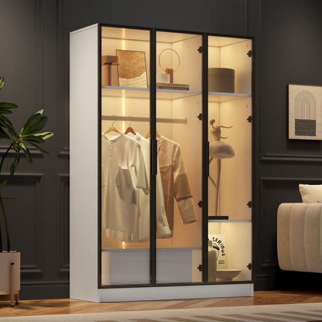 Armario de cristal 110x50x160 cm, LED, con 1 cajón, 1 barra, varios estantes, mueble de salón dormitorio, color blanco (1/5)
