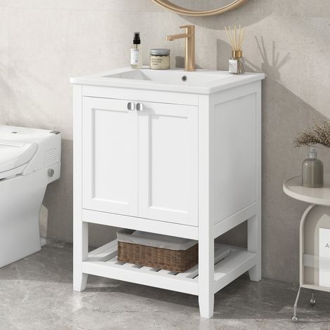 Mueble baño con lavabo cerámico de pie blanco OKMYHOME (1/5)