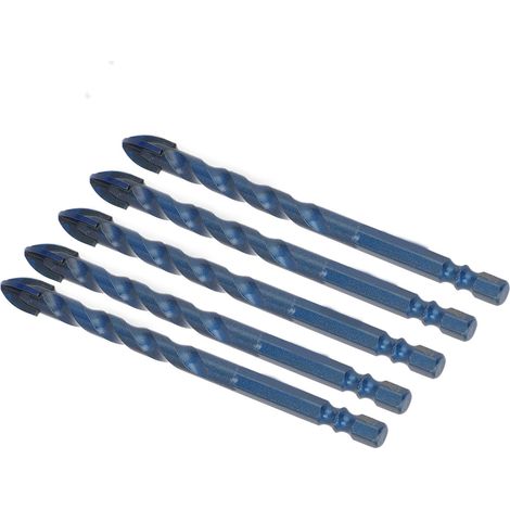 Kit de 5 forets cruciformes de 10 mm à queue hexagonale pour le perçage du verre, du carrelage et du béton (bleu foncé) (1/5)