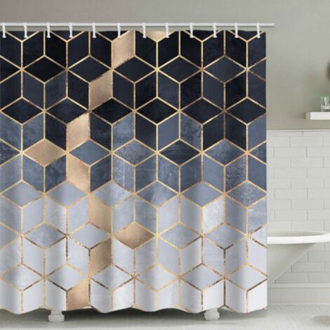 1 rideau de douche dégradé bleu, ensemble de rideau de douche géométrique moderne, ensemble de lignes cubiques dorées pour salle de bain (1/3)
