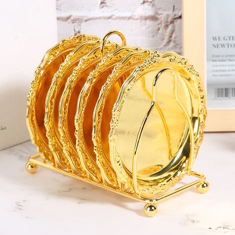 Dessous de verre rétro européen en métal, objet décoratif, sous-verre isolant à motifs, chausson à thé japonais, assiette à apéritif, décoration intérieure, jaune (1/5)