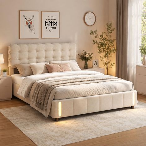 Lit coffre 160x200 cm, tête capitonnée velours beige, LED, rangement hydraulique pratique (1/5)