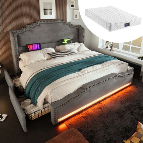 Polsterbett 140x200 mit 4 Schubladen, LED und Matratze OKMYHOME (1/5)