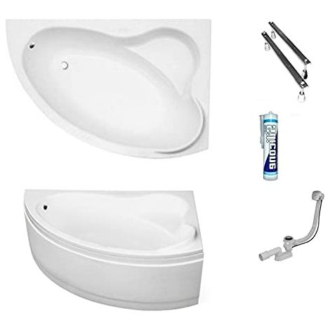 ECOLAM Baignoire d'angle acrylique Ada 160x100cm droite, habillage en acrylique blanc, siphon, silicone. Belle forme Aspect moderne original produit (1/5)
