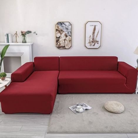 Housse de canapé de protection 3 +2 places en L d'angle en polyester pour meubles de maison douce luxueuse - vin rouge (1/4)
