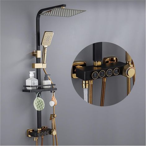 Ensemble de douche mitigeur thermostatique intelli Ensemble de douche de pluie de douche en or noir, robinet de douche thermostatique, robinet de bain, système de douche mitigeur de douche à montage m (1/5)