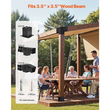 Kit pergola 8 pcs, support 3 voies biaisé acier carbone 2mm pour lambourdes 92x92 mm, vis et bases incluses, noir extérieur pergolas gazebos abris (1/5)