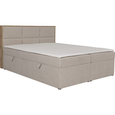 Ensemble complet literie déco tête de lit encadré bois + sommiers coffre + matelas + surmatelas - 160 x 200 cm - Tissu - Beige - SIAKI de YSMÉE