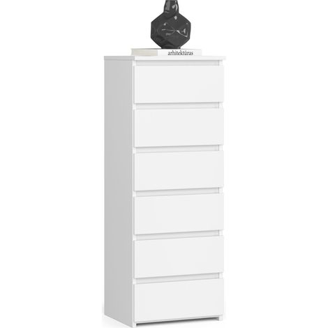 Akord – Commode enfant 6 tiroirs blanche 40x35x109 cm – Panneau stratifié – Rails à roulettes pour rangement flexible (1/5)