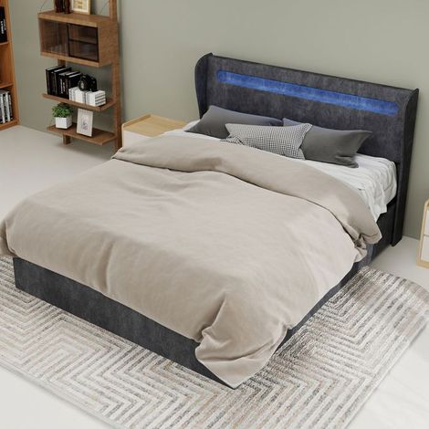 lit coffre 140x200, Tête lit LED intégrée, Lit rembourré ,base rangement profil haut, avec vérin à gaz,gris (1/5)