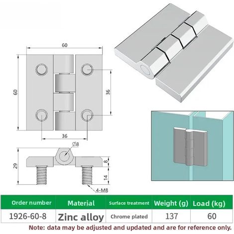 Charnière à boulon fileté épaisse en acier inoxydable 304 pour porte d'armoire, avec plaque à noyau de vis (1926-60-8(2)). (1/5)