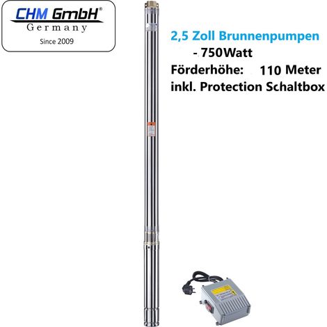 CHM – Pompe immergée 2,5 pouces 750W – Débit 2800 L/h – Pression 11 bars – Hauteur de livraison 110m – Acier inoxydable et laiton