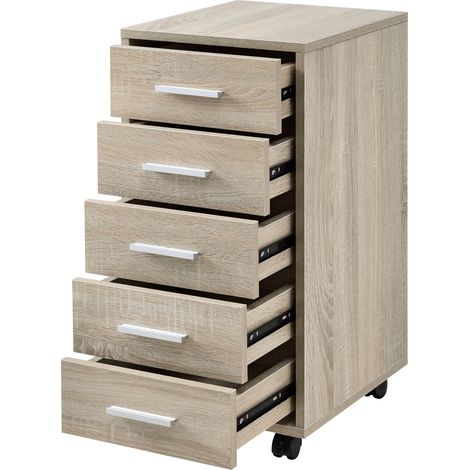 Rollcontainer Stockholm 63x33x38 cm mit 5 Schubladen Eiche en.casa