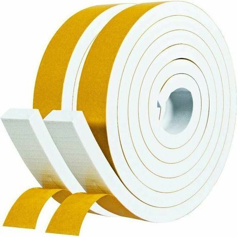 Joint Adhésif en Caoutchouc pour Fenetre Porte Entrée de garage douche 2 rouleaux 25mm x 10mm x 2m Joint Calfeutrage en Bande d'Isolation Phonique Protection Antichoc - Mousse blanc film jaune (1/4)