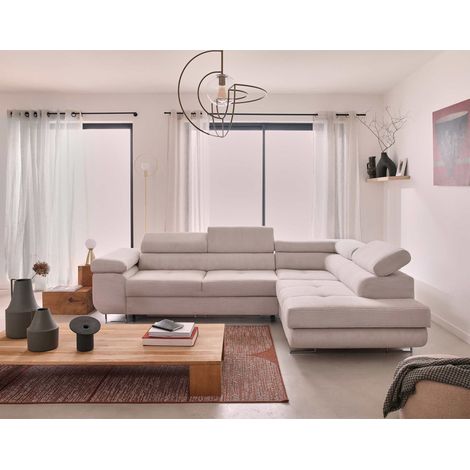 Bestmobilier – Canapé d'angle convertible 5 places – Tiroir de rangement – Appuie-têtes réglables – Velours côtelé beige – Couchage occasionnel 124x193 cm (1/5)