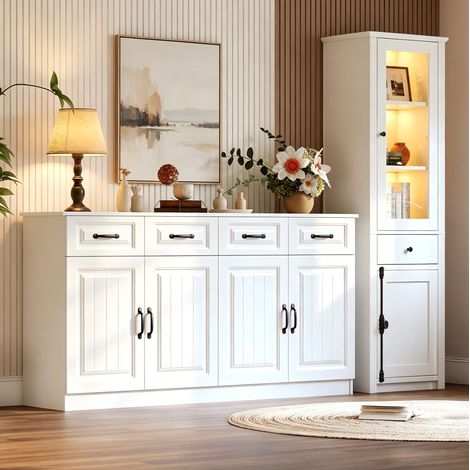 Sideboard Set (160 x 35 x 80 cm und 55 x 40 x 200 cm), mit Vitrinenschrank, MDF, Weiß (1/5)