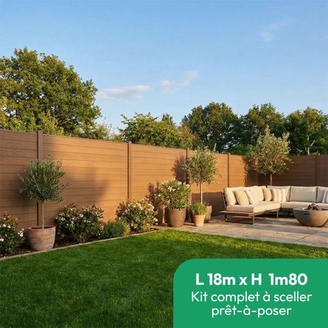 Kit complet clôture composite et aluminium à sceller H 1m80 L 18m00 marron teck avec renforts acier - Palissade - Brise vue (1/5)