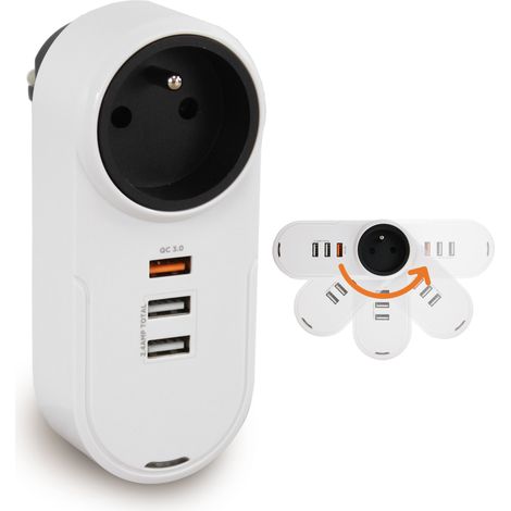 Multiprise Murale FISHTEC Prise Pivotante 180 Degres 3 Ports USB Charge Rapide QC 3.0 Puissance 3680W (1/5)