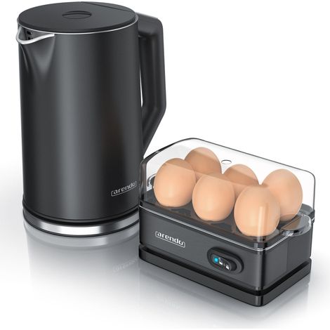 Arendo Frühstücks-Set Edelstahl Wasserkocher 1,5l, 6er Eierkocher, Schwarz (1/5)