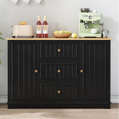 Credenza 126x40x86 cm nera in MDF con 3 cassetti, ante laterali e ripiani regolabili (1/5)