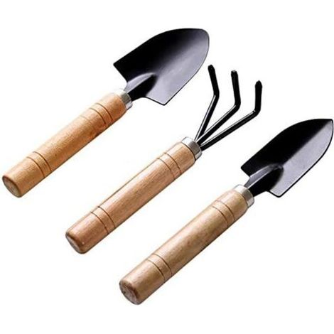 3 pièces mini pelle bonsaï outils ensemble - mini pelle de jardin râteau enfants outils de jardin pelle manche en bois pot de fleur plantes (1/4)