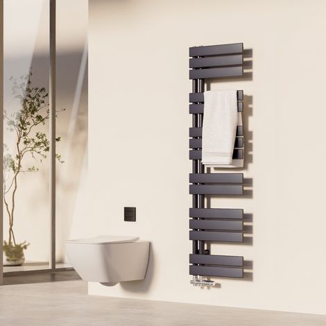 Heilmetz Sèche-serviettes Eau Chaude 140x40 cm Anthracite - 570 W - Acier Inoxydable Anti-corrosion - Raccordement Latéral - Design Asymétrique (1/5)