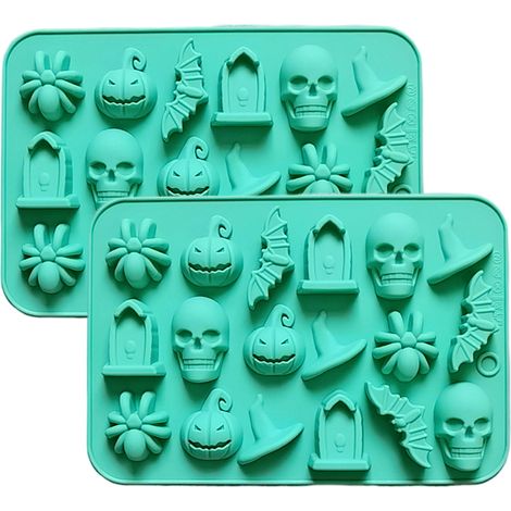 Juego de moldes para chocolate de Halloween, 72 cavidades en total, araña/lápida/bruja, silicona flexible. (1/5)