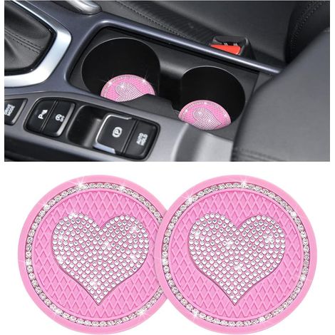 Lot de 2 sous-verres de voiture à strass, universels, en forme de cœur (rose)