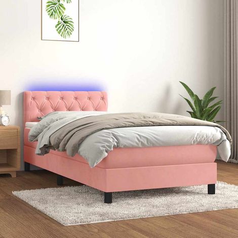 Cama box spring colchón y LED terciopelo rosa 80x200 cm (1/5)