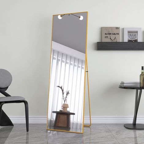 Specchio da terra rettangolare con cornice in metallo, grande specchio HD per soggiorno, camera da letto e cabina armadio - Oro, 162x53 cm