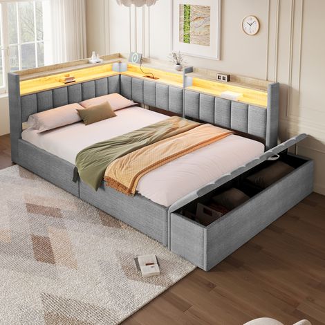 Lit banquette coffre 140 x 200 cm, rangement hydraulique, module latéral réversible, prise, port USB et LED, tissu lin gris (1/5)