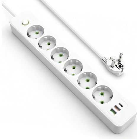 Multiprise 6 prises avec USB, 9 en 1 avec 2 USB-A et 1 USB-C, multiprise avec câble d'extension de 1,8 m, montage mural, 2500 W, 10 A, blanc (1/5)