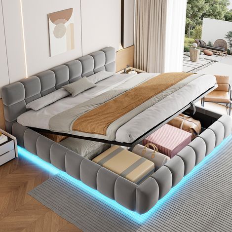 Cama tapizada 180x200 cm gris, terciopelo con almacenamiento hidráulico y LED (1/5)