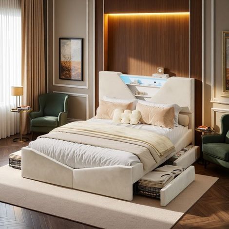 Letto matrimoniale - 140×200 cm - Testiera in velluto beige imbottita - LED 7 colori + ricarica wireless - 4 cassetti