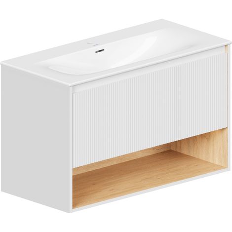 BERNSTEIN - Mueble lavabo suspendido MDF blanco mate, lavabo DURAVIT blanco brillo, orificio grifería, rebosadero, desagüe 103x49x62cm - BELDIVO Blanco mate (1/5)