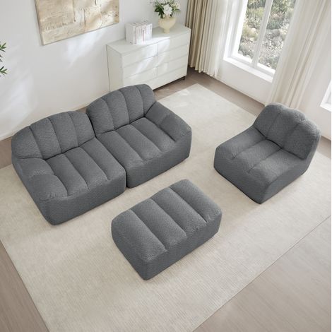 Sofá modular en L de 3 plazas con 1 otomana, espuma de alta densidad 32D, tejido suave gris (1/5)