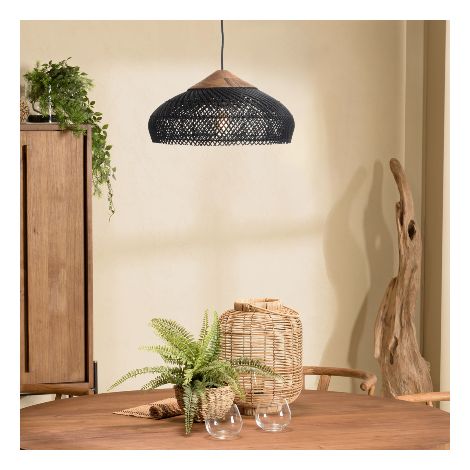 SIXTINE - Suspension 40x40cm en bois de teck recyclé et rotin noire (1/5)