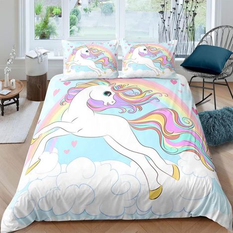 Ensemble de literie 3 pièces 220x240 cm Licorne Arc-en-ciel 100% microfibre avec fermeture éclair