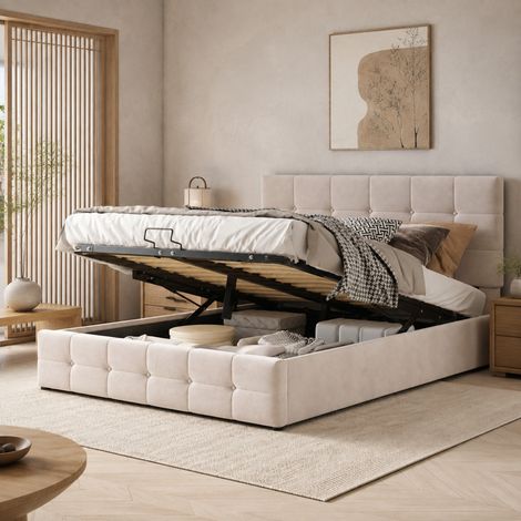 Letto matrimoniale 140x200 cm crema in velluto con contenitore sollevabile (1/5)