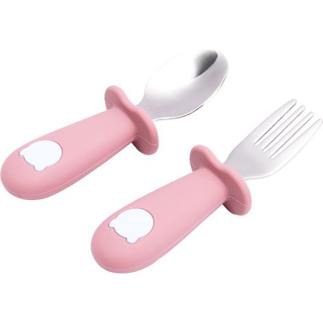Lot de 4 cuillères et fourchettes en acier inoxydable pour bébé, rose foncé A8, silicone alimentaire, ustensiles de sécurité pour enfant, simples et mignons (1/5)